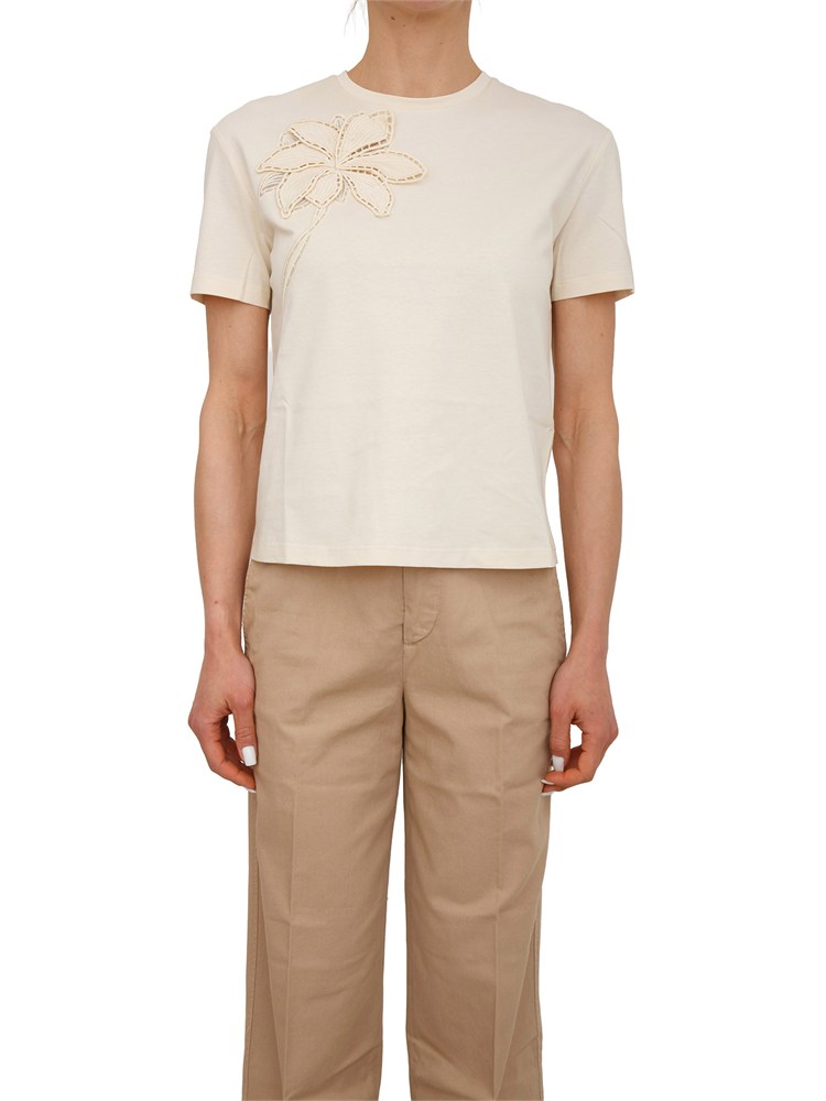 TWIN-SET T-shirt Twinset in cotone avorio ricamo fiore