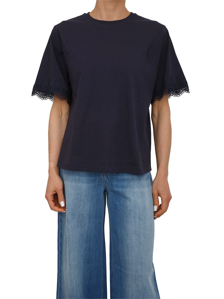 TWIN-SET T-shirt Twinset in cotone blu con maniche pizzo
