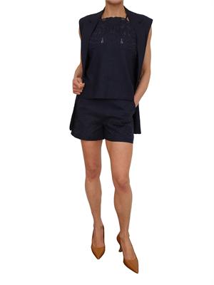 TWIN-SET Top Twinset in misto lino e viscosa blu con ricamo in DONNA