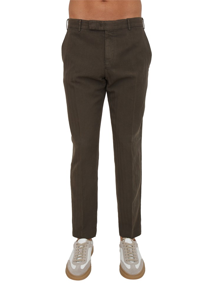 Pantaloni PT Torino in herringbone di cotone e lino marrone