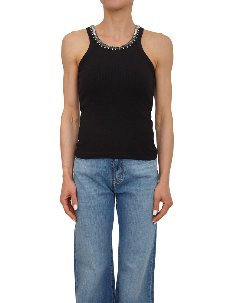 Top Redbull Pinko in cotone nero scollo cristalli