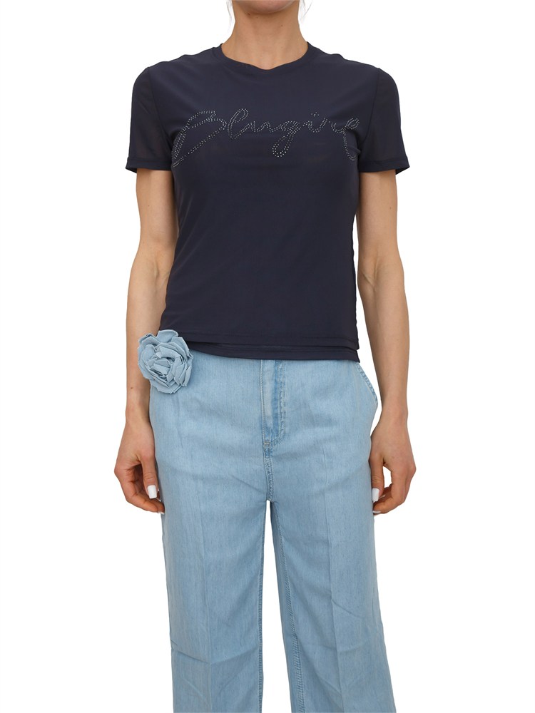 T-shirt Blugirl in tulle doppio cipria con logo cristalli