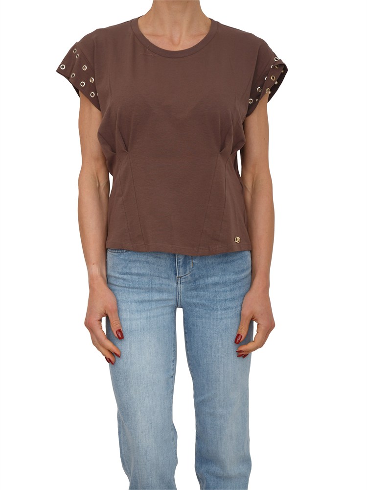 T-shirt Liu Jo donna in cotone marrone inserti metallici