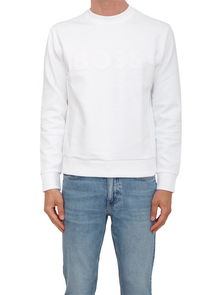 Felpa Boss uomo in cotone bianco logo bianco