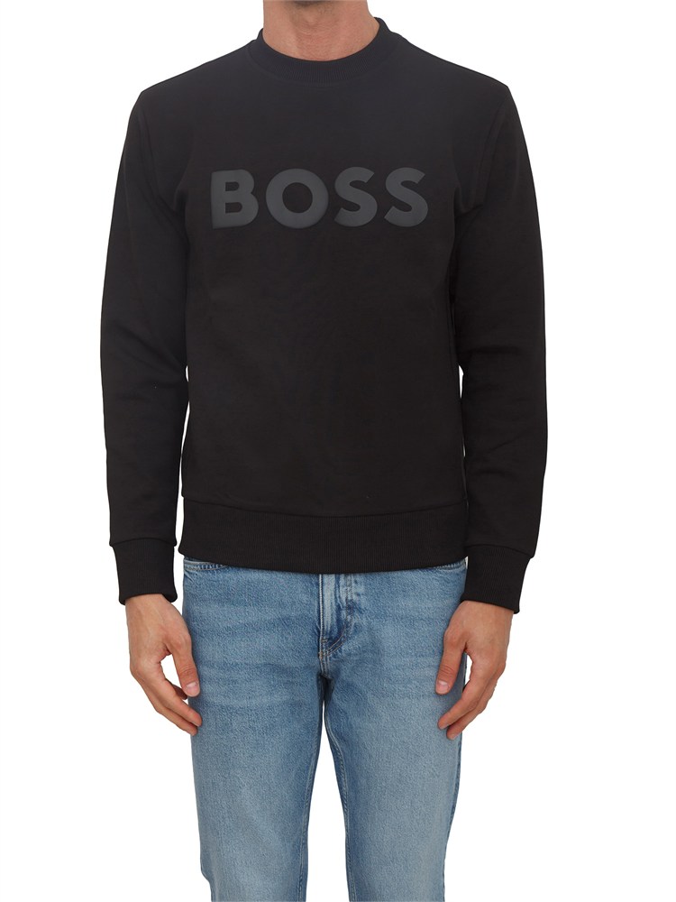 Felpa Boss uomo in cotone nero logo nero