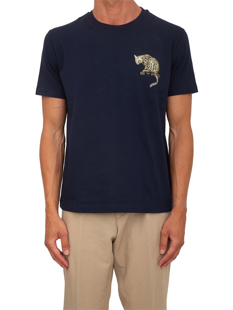 T-shirt girocollo Etro in cotone blu stampa leopardo