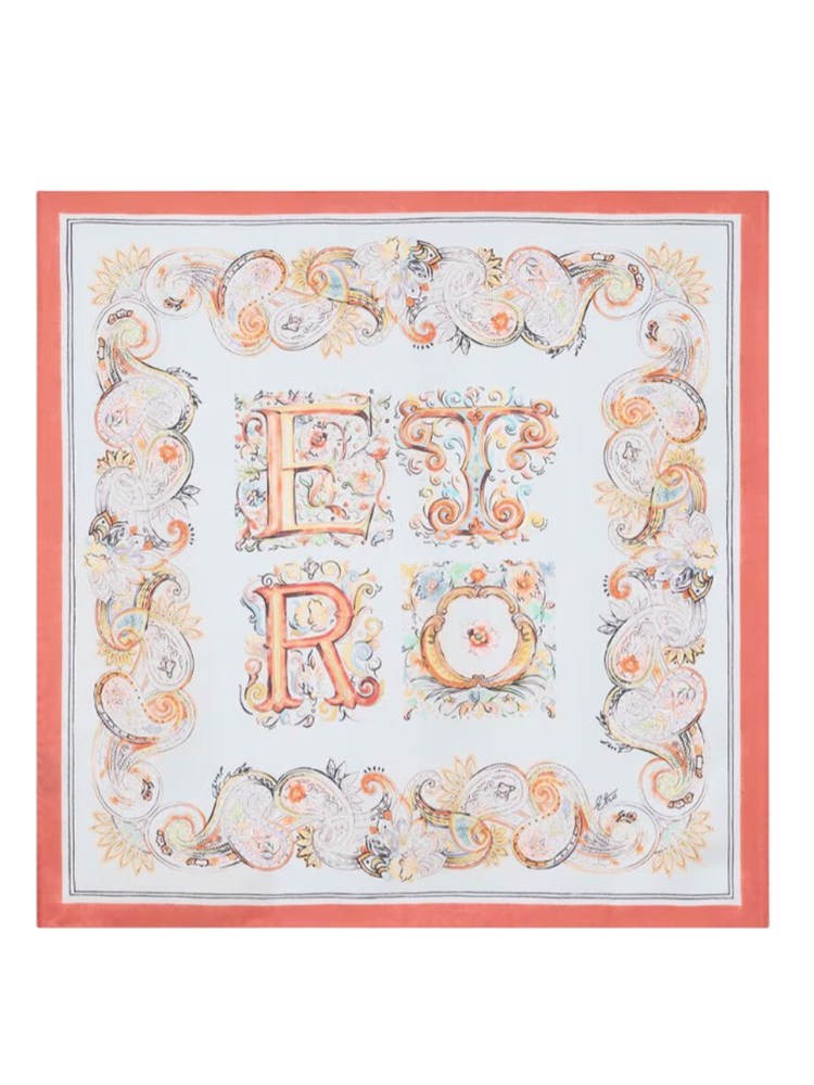 Foulard Etro stampa Paisley in seta azzurra e corallo