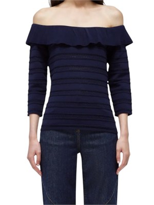 Maglia off shoulder Blugirl in viscosa blu con balza in DONNA