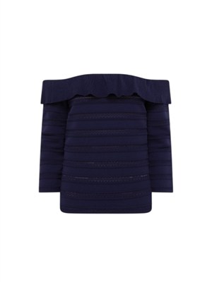Maglia off shoulder Blugirl in viscosa blu con balza in DONNA