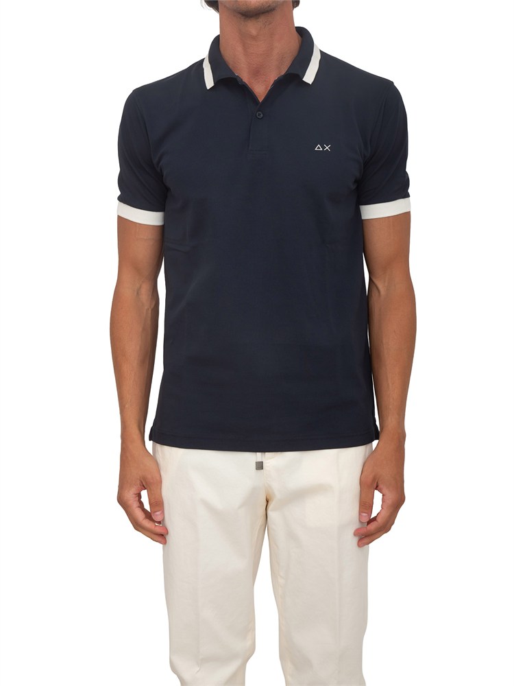 Polo SUN68 in piquet di cotone blu con profili