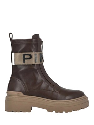 Stivali Mia Pinko in pelle marrone e fascia logo in DONNA
