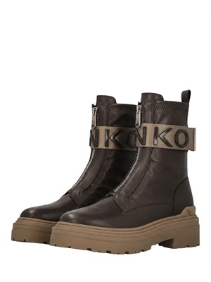 Stivali Mia Pinko in pelle marrone e fascia logo in DONNA