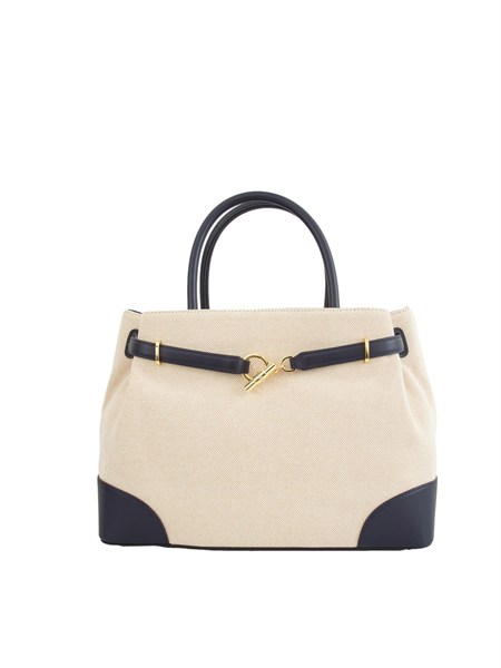 borsa ralph lauren blaike in tela di cotone beige e profili in pelle blu blke431p04296004