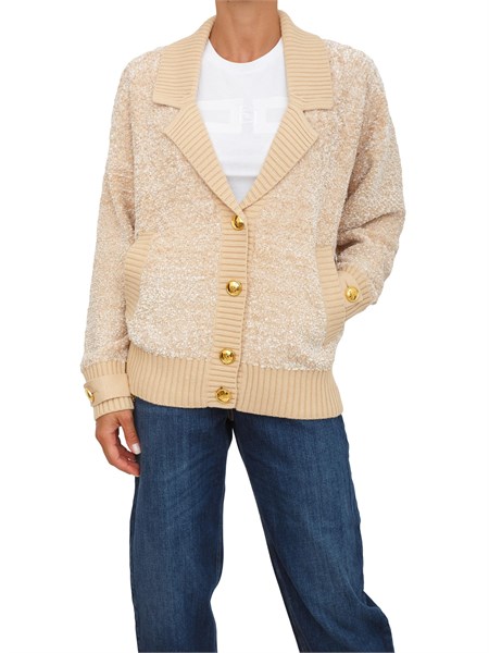 cardigan elisabetta franchi in ciniglia boucle beige con bottoni gioiello mk44s57e2
