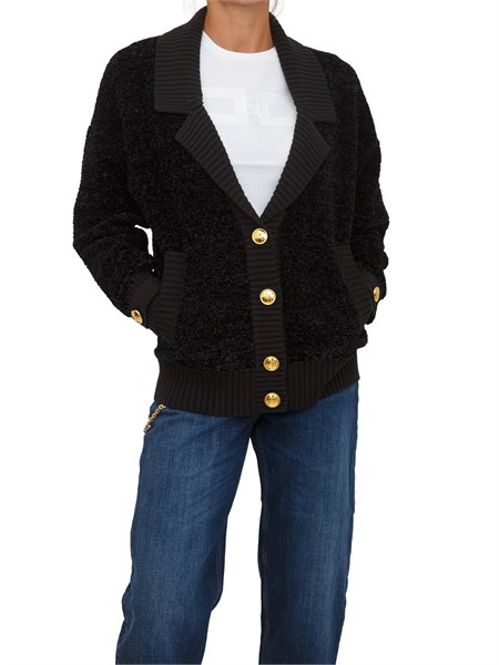 cardigan elisabetta franchi in ciniglia boucle nero con bottoni gioiello mk44s57e2