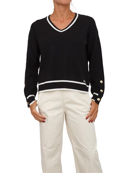 maglia scollo v in misto seta nero con bottoni oro tf5229ms59l