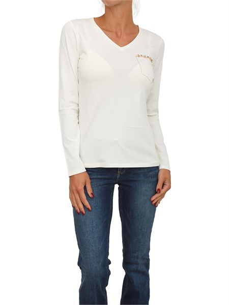 t shirt liu jo donna in cotone avorio con taschino strass tf5170js003