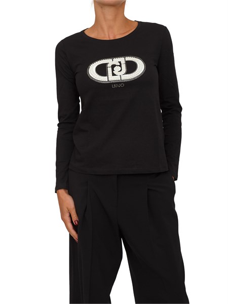 t shirt liu jo donna in cotone nero con logo perle e strass tf5299js923